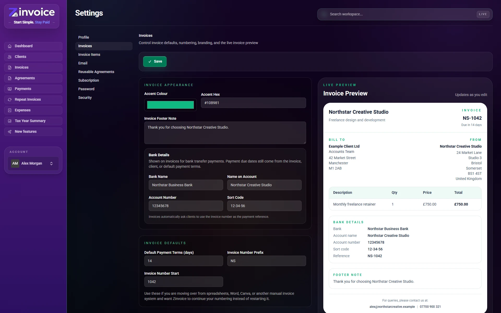 Zinvoice branding settings for a business logo and invoice accent colour