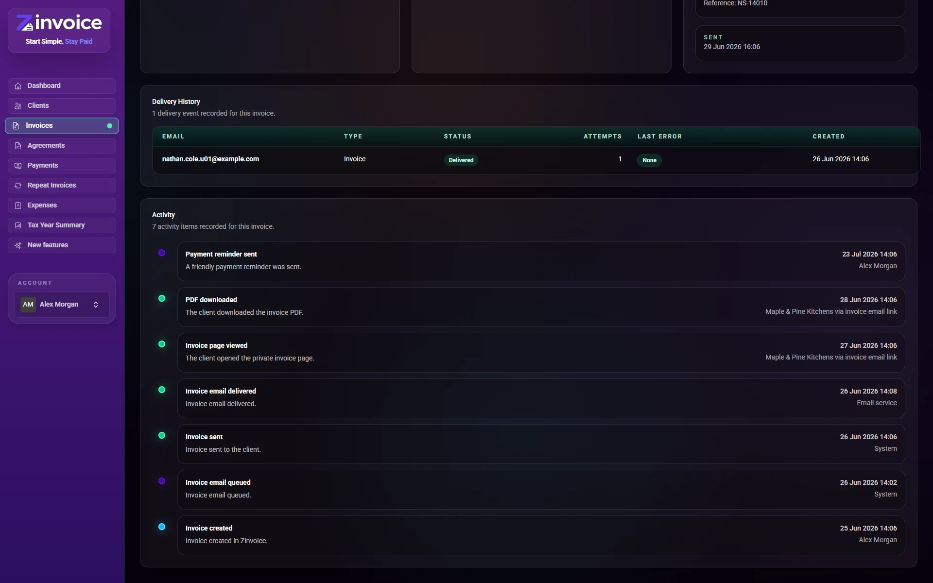 Zinvoice email delivery and secure invoice link activity