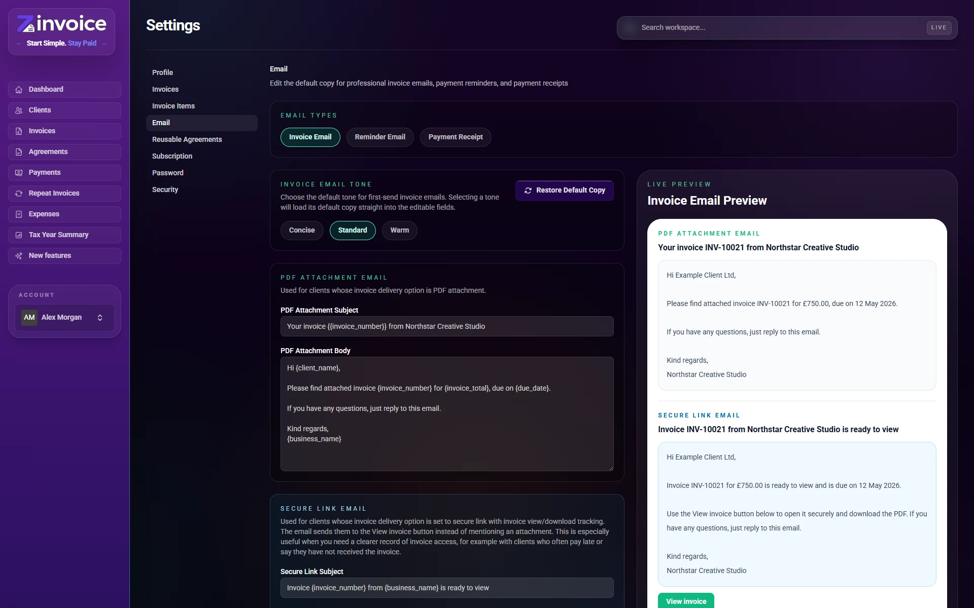 Zinvoice email settings with clear tone choices for client messages