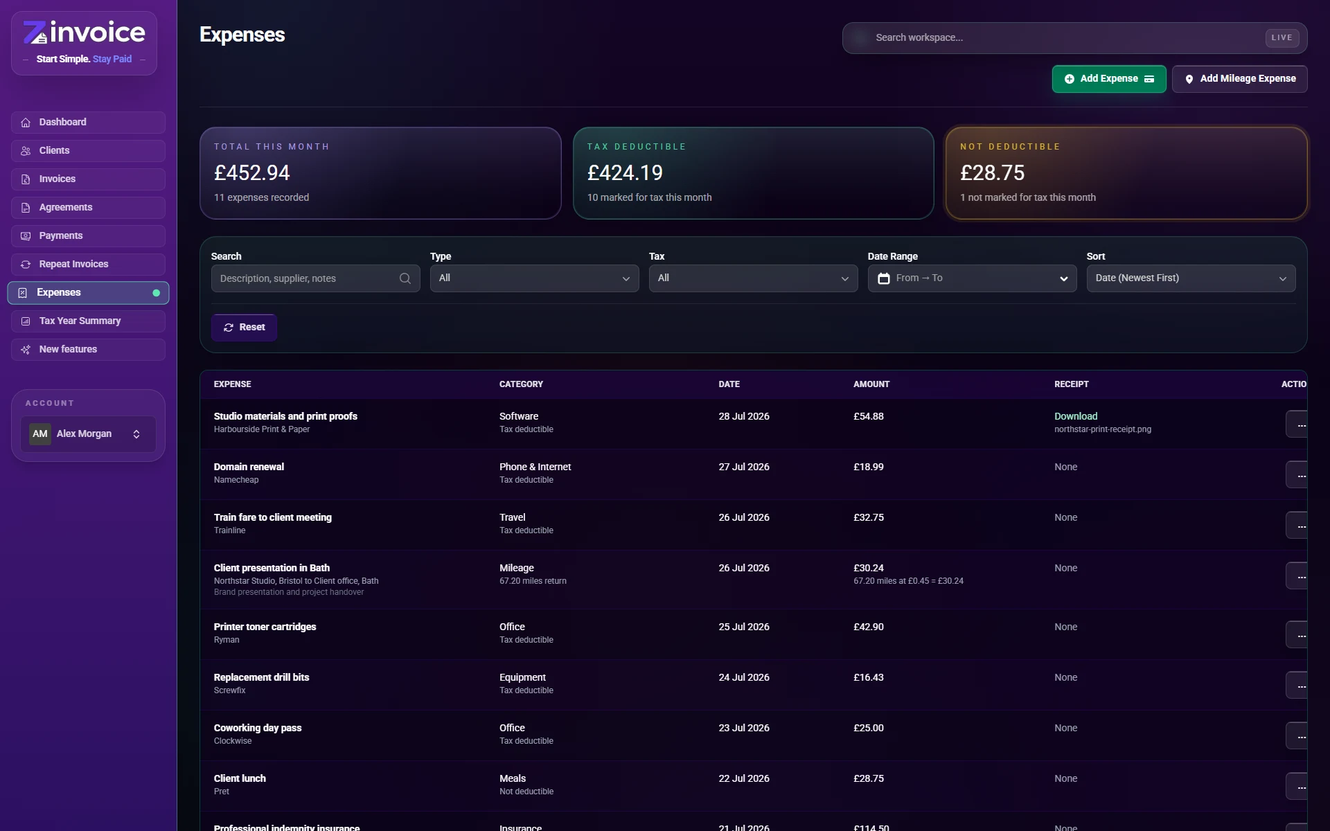 Zinvoice expenses list showing suppliers, categories, dates and amounts