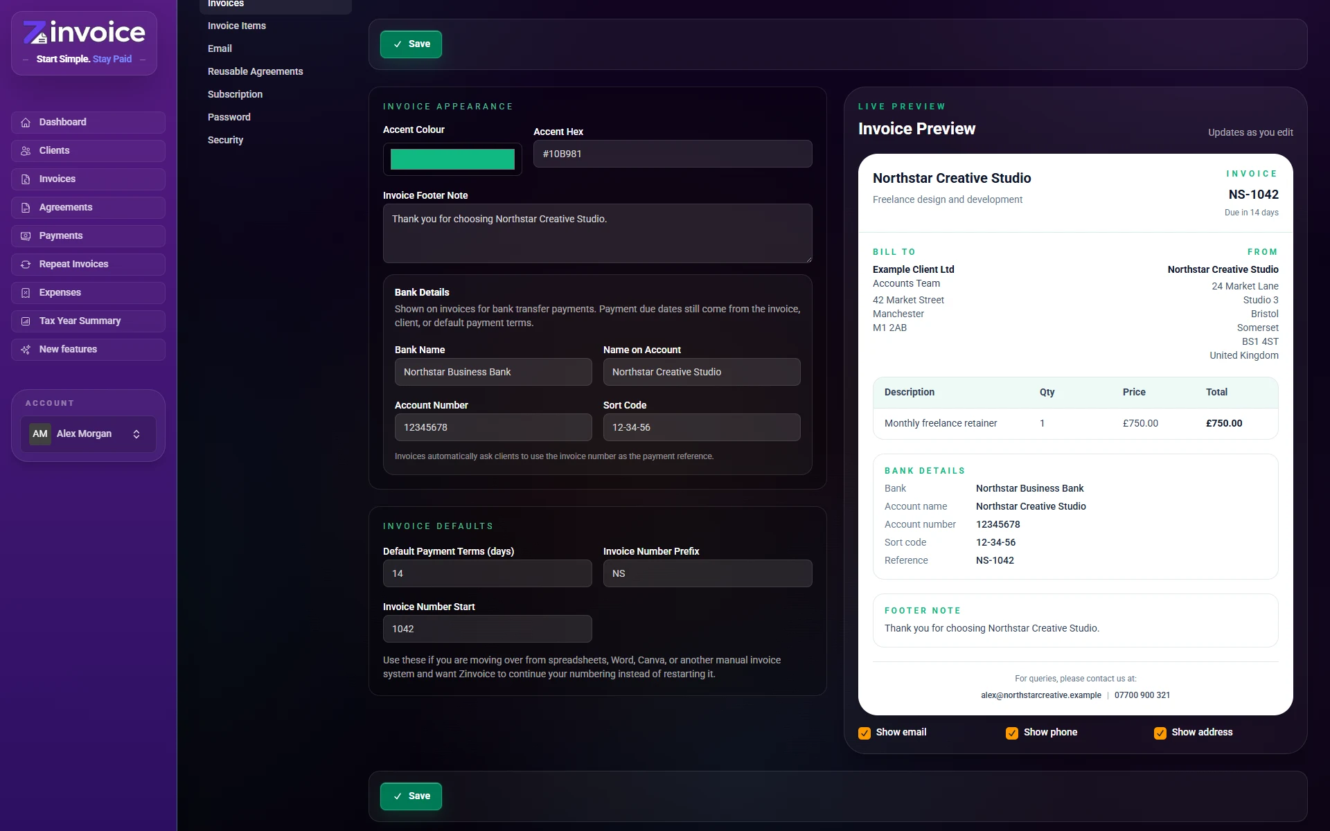 Zinvoice invoice preview showing business branding and client details
