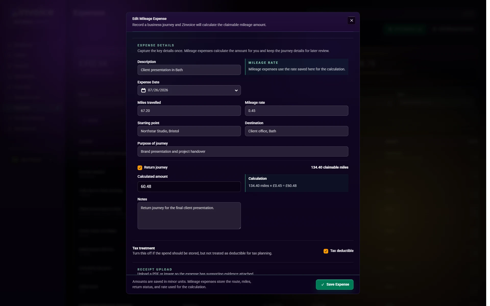 Zinvoice mileage expense form with journey details and calculated amount