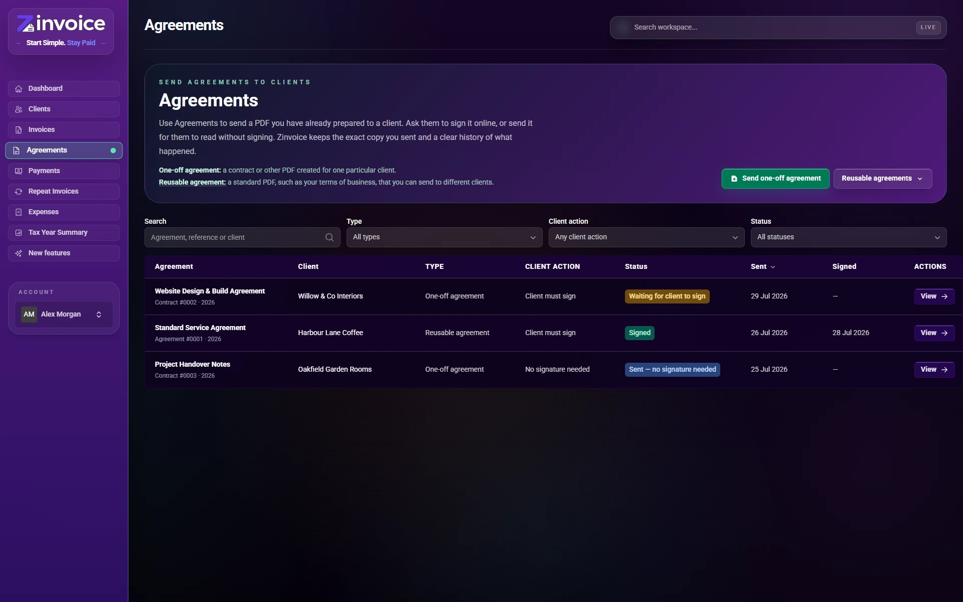 Zinvoice agreements list showing documents waiting for signature, signed and sent for information