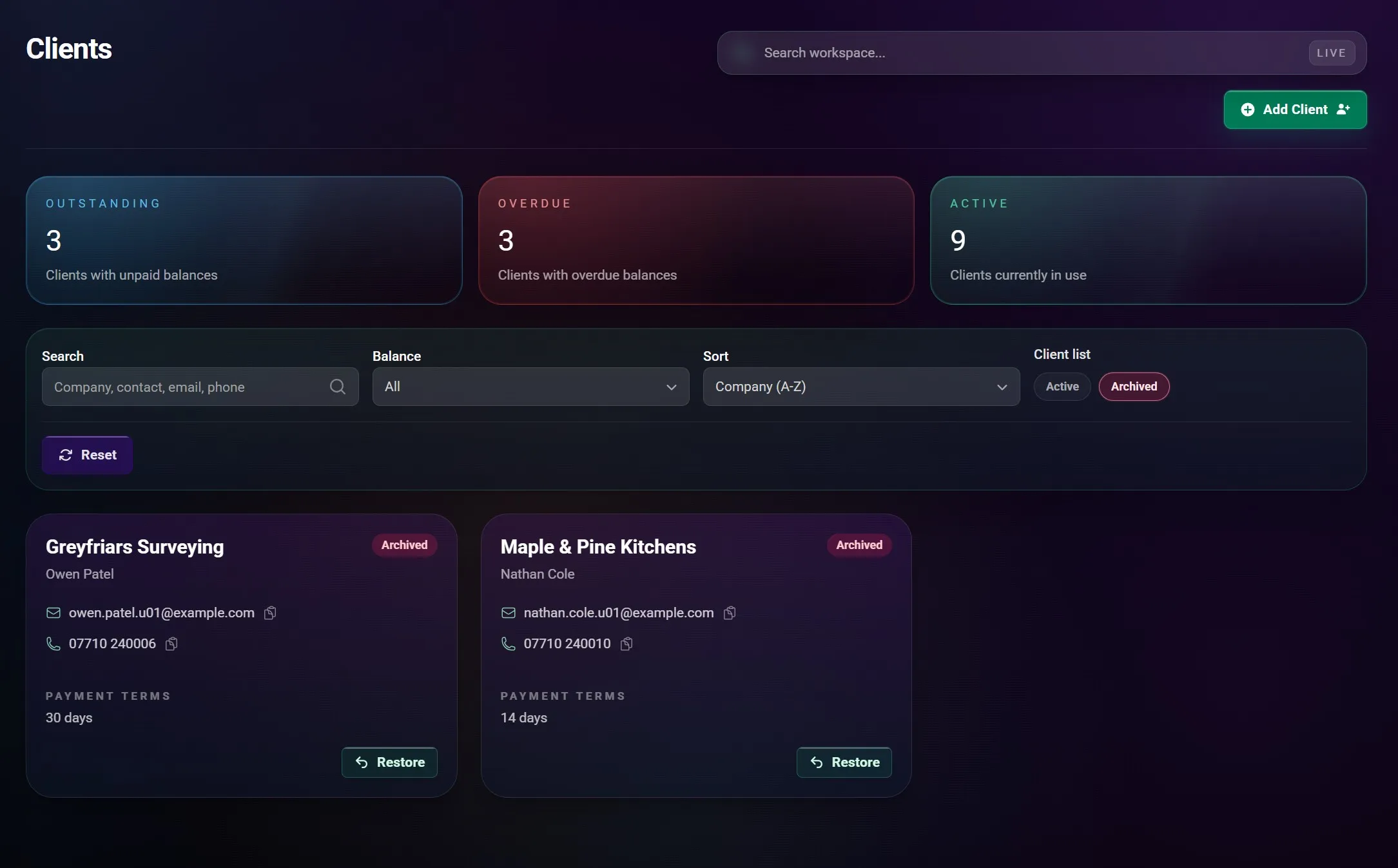 Placeholder client archive flow screenshot