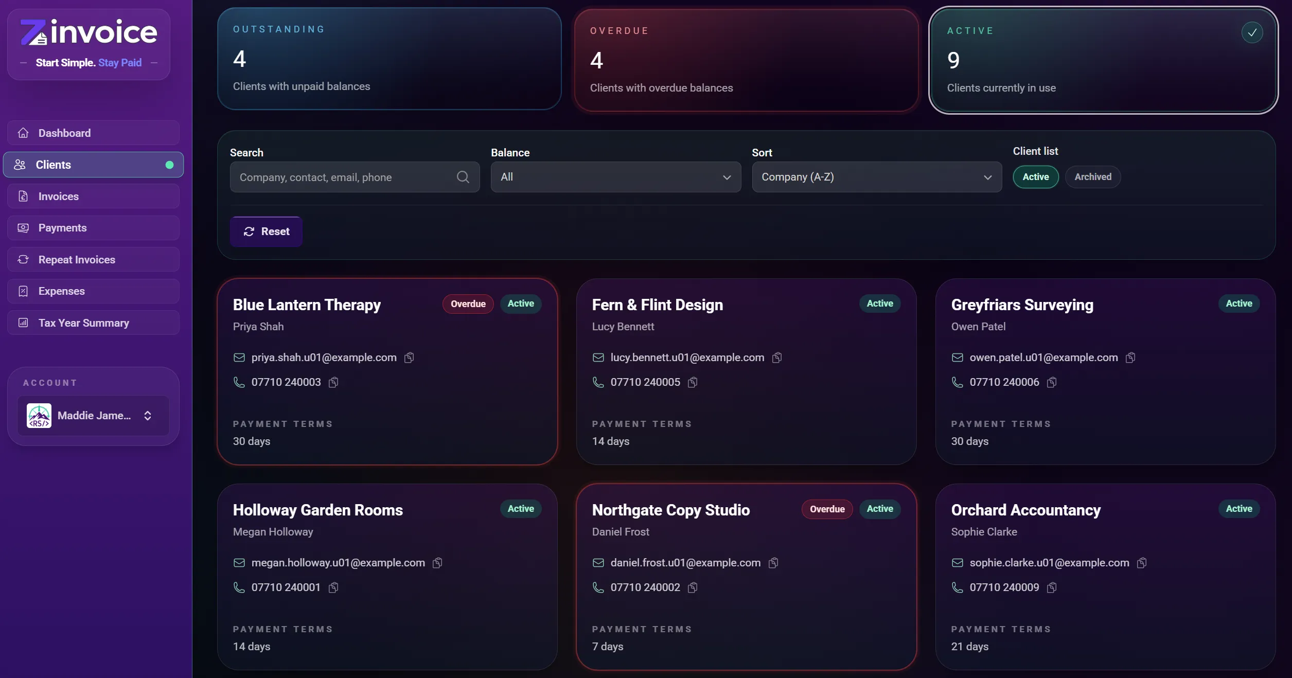 Zinvoice client list highlighting clients with overdue invoices