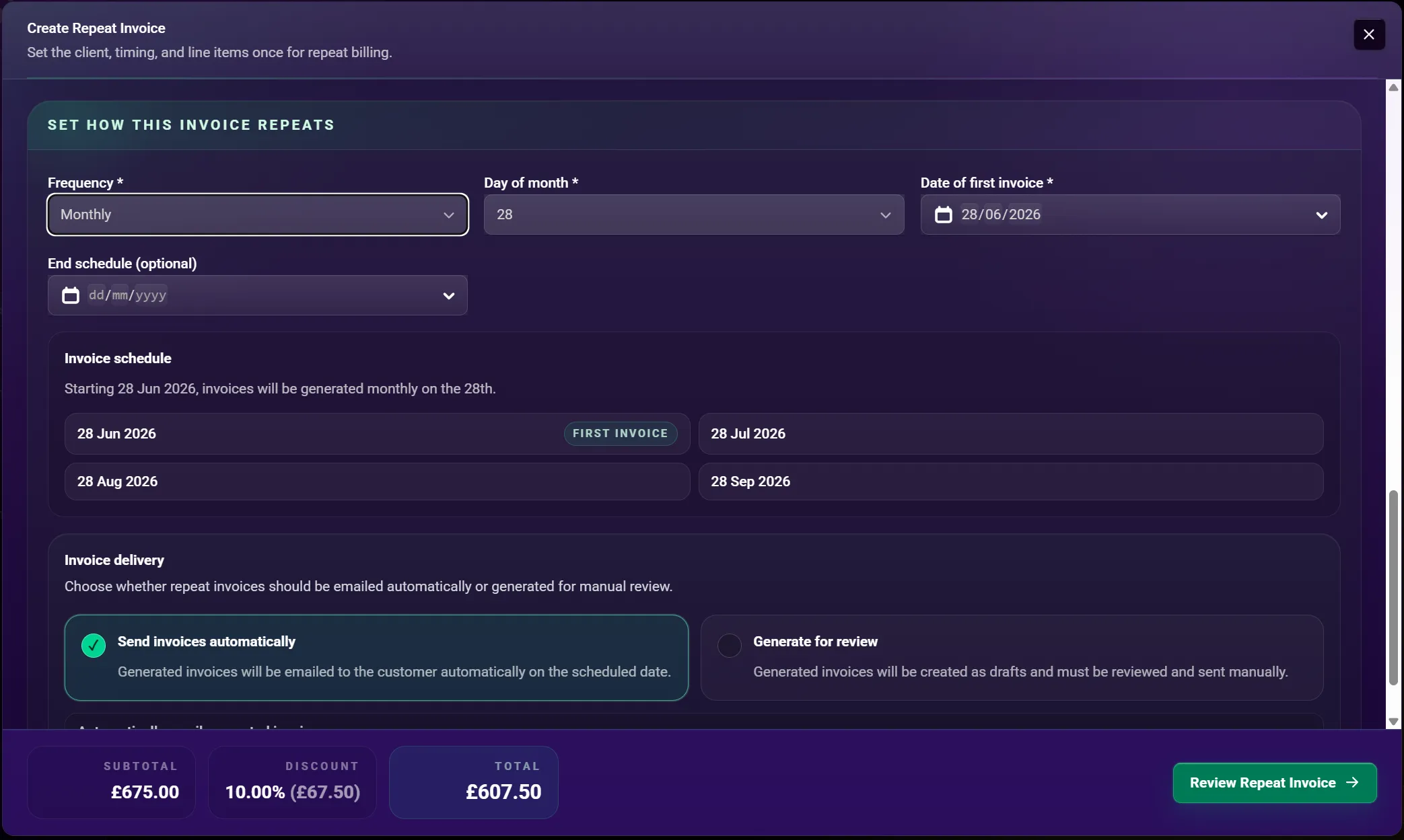 Placeholder repeat invoice create screenshot