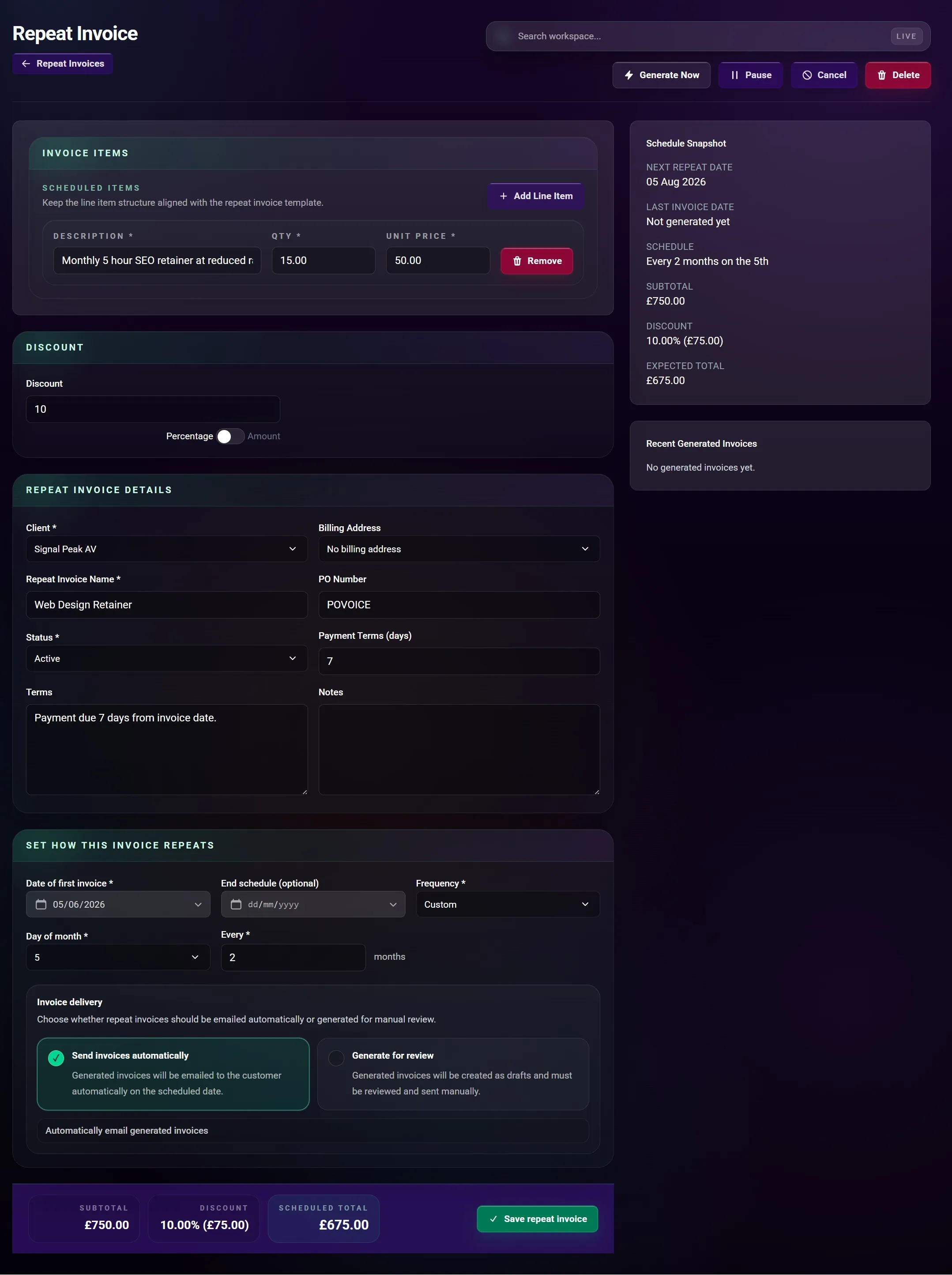 Placeholder repeat invoice detail screenshot