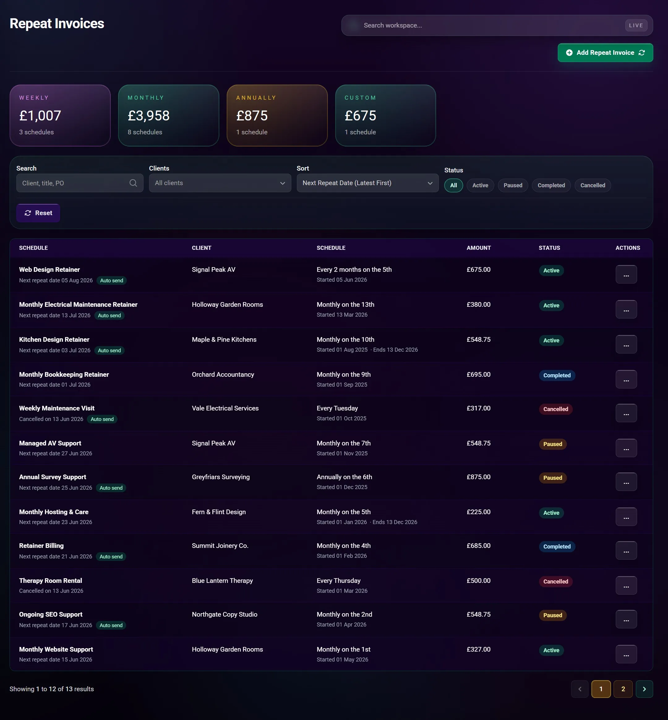 Placeholder repeat invoices screenshot