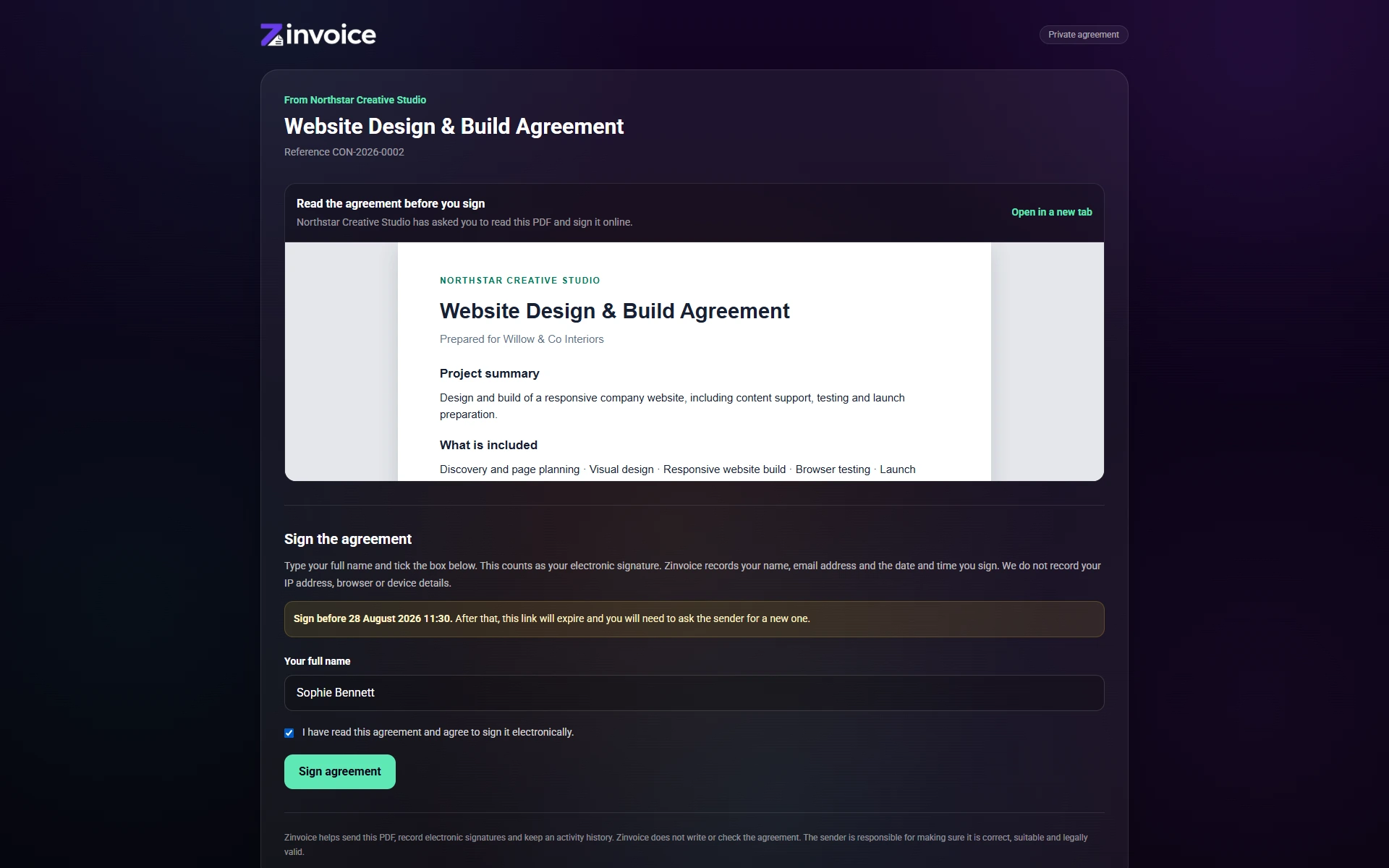 Private Zinvoice page where a client can read and electronically sign an agreement