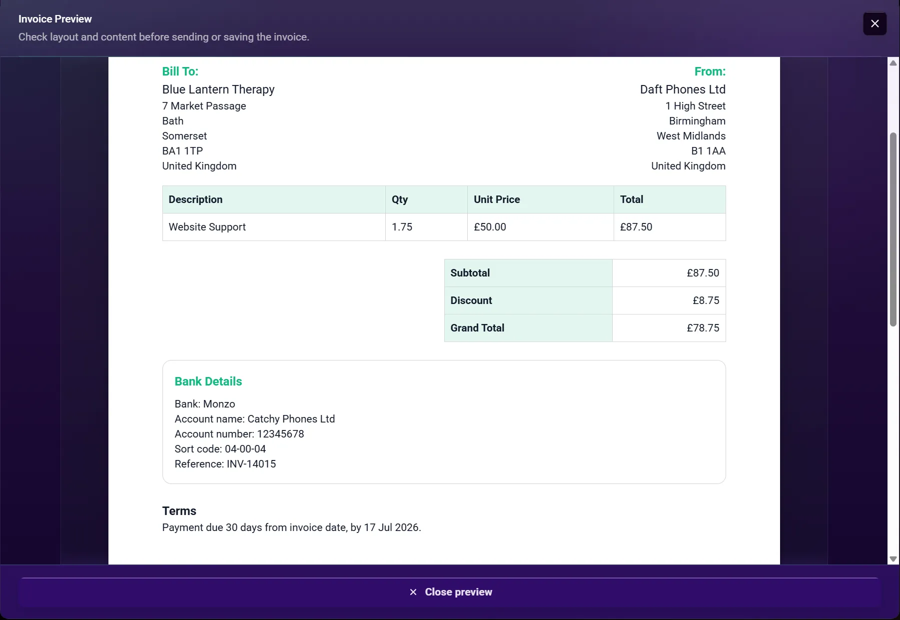 Zinvoice invoice PDF preview