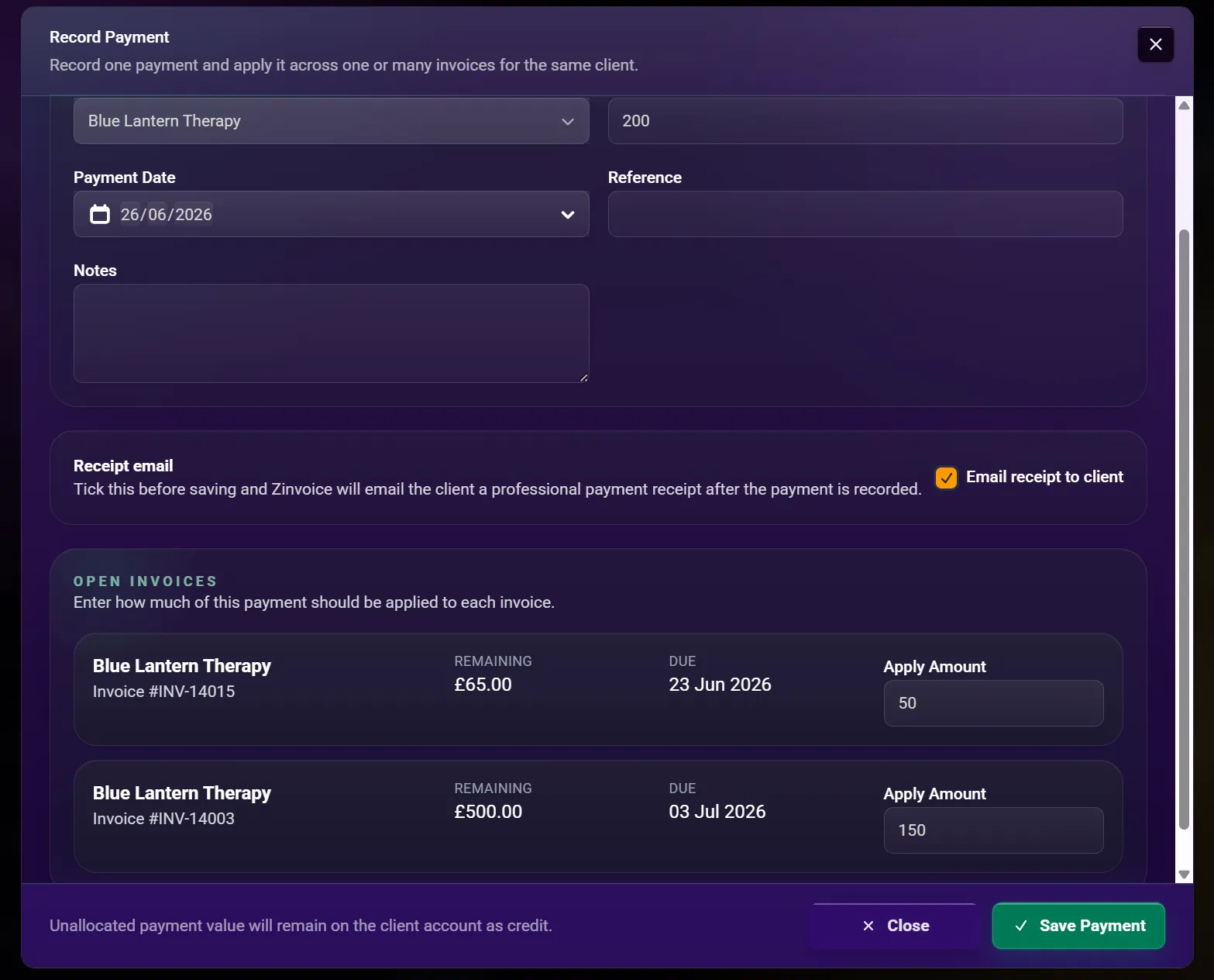Zinvoice payment form allocating one payment across multiple invoices