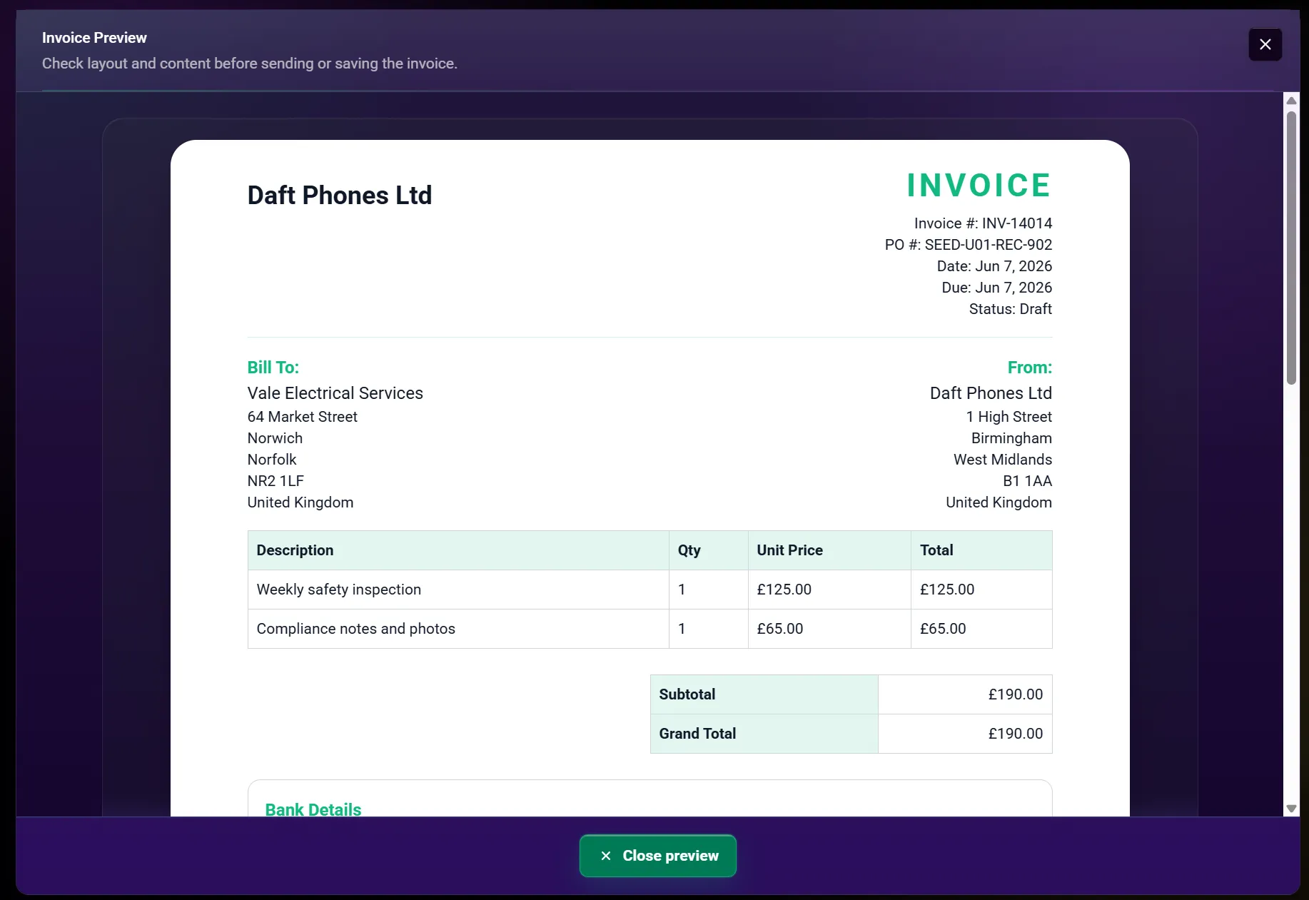 Zinvoice invoice preview showing the client-facing document before sending