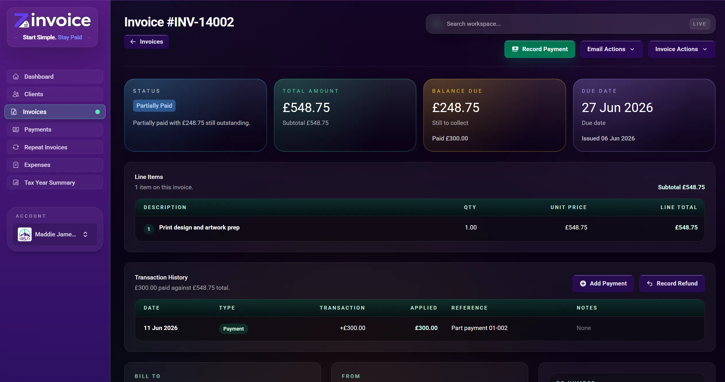 Zinvoice invoice detail screen