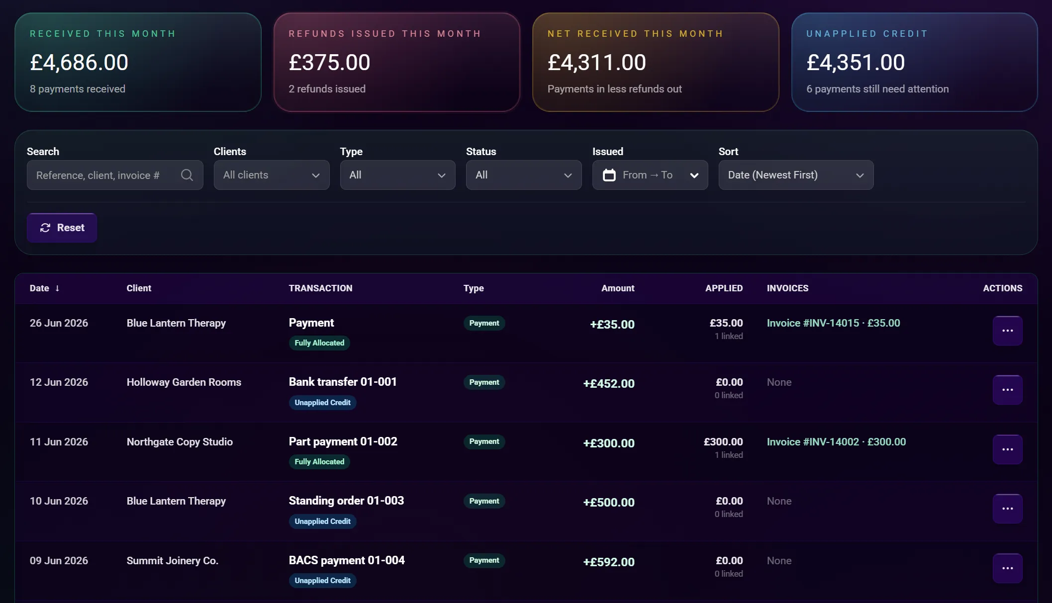 Zinvoice payments list showing payments, refunds, allocations, and credits
