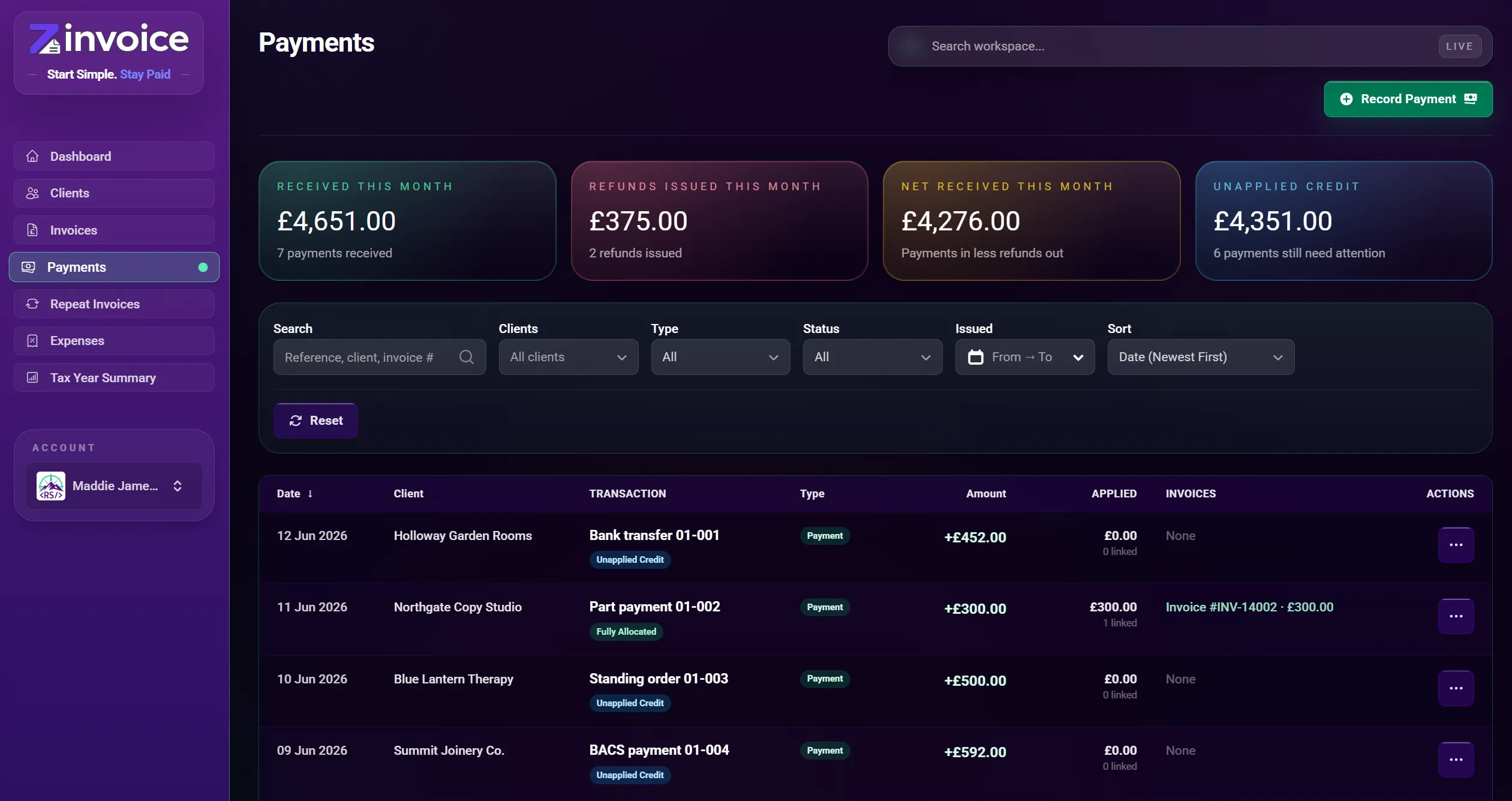 Zinvoice payments list screen