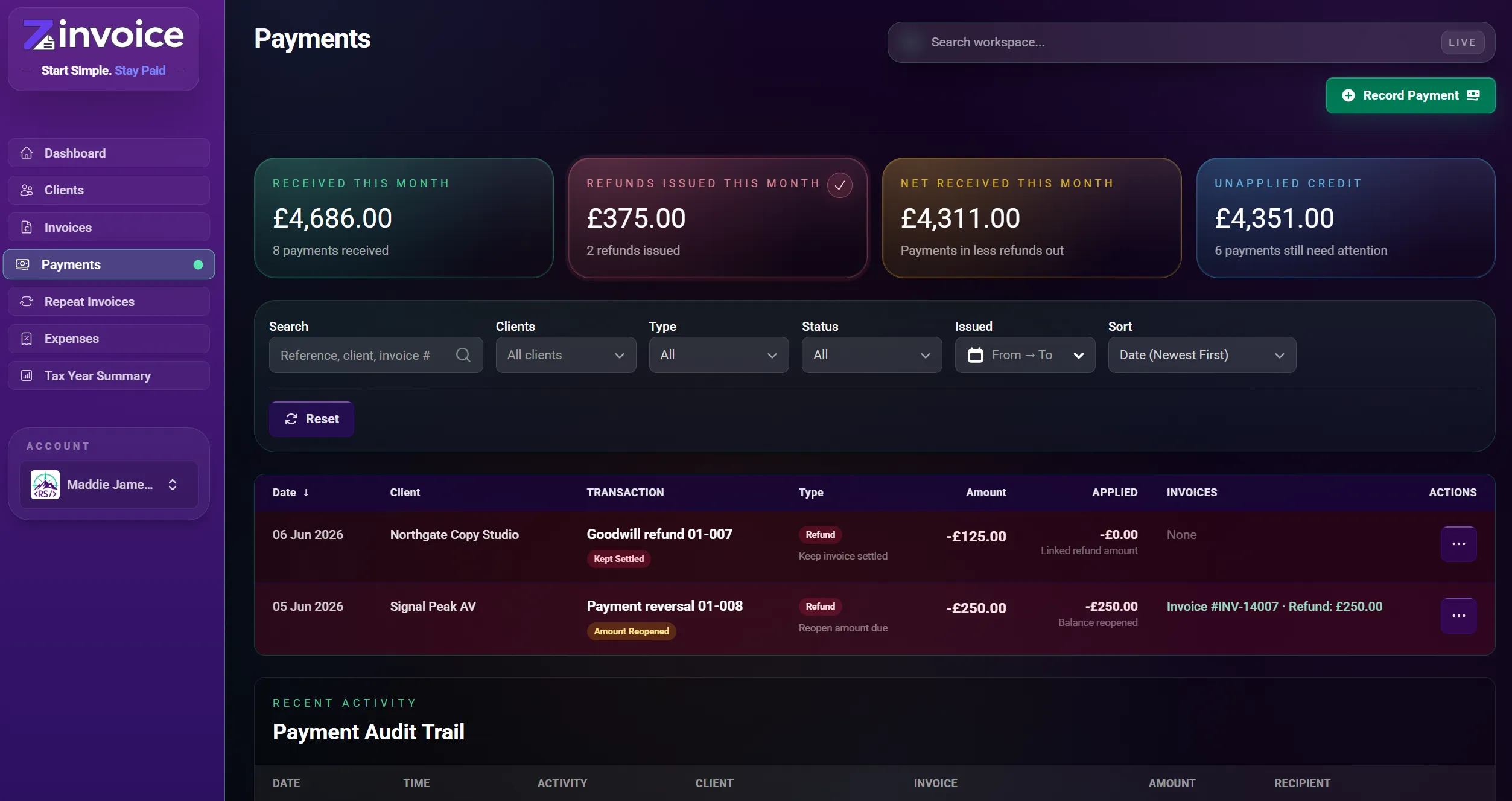 Placeholder payment refunds screenshot