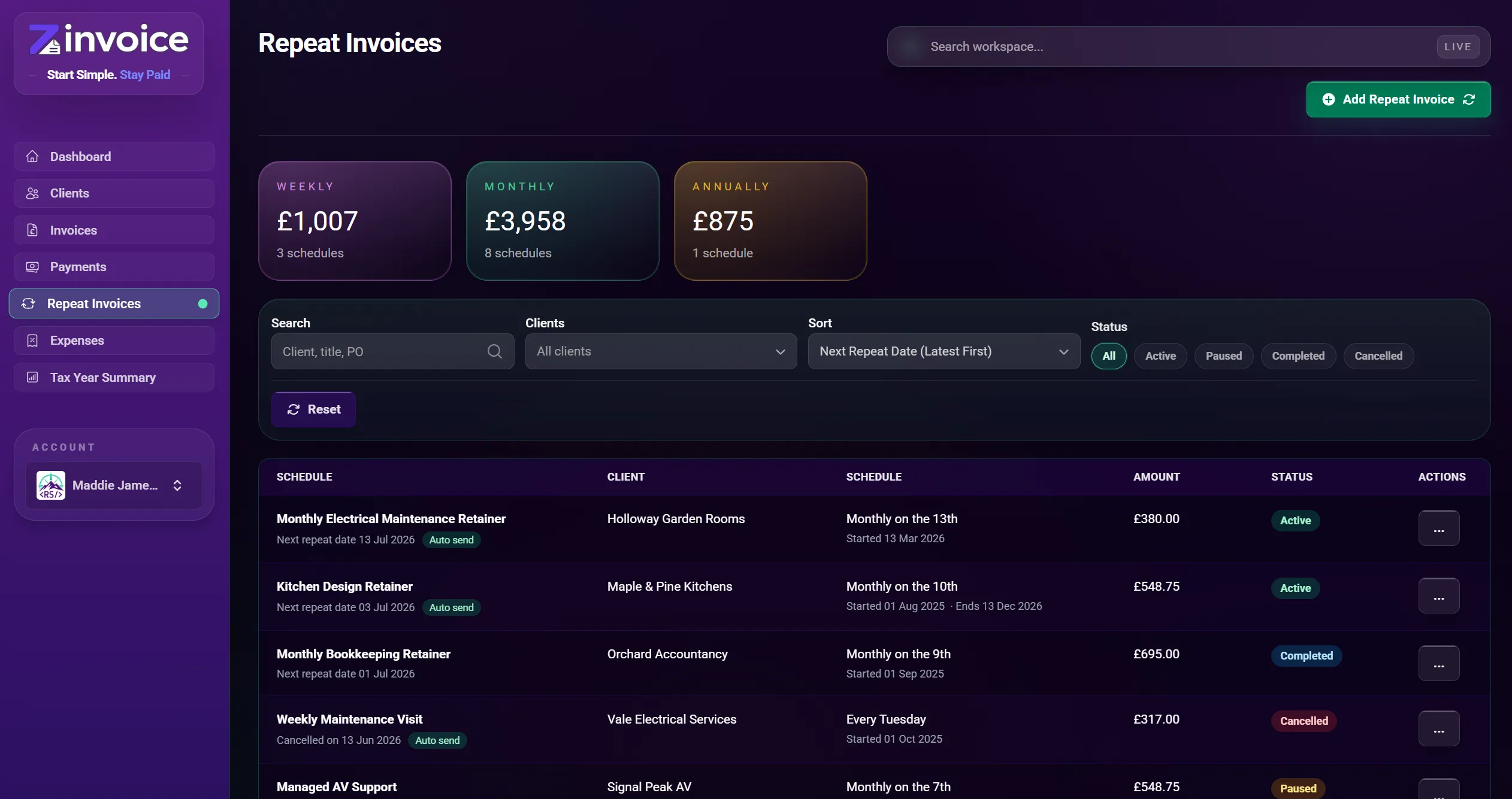Zinvoice repeat invoice list screen