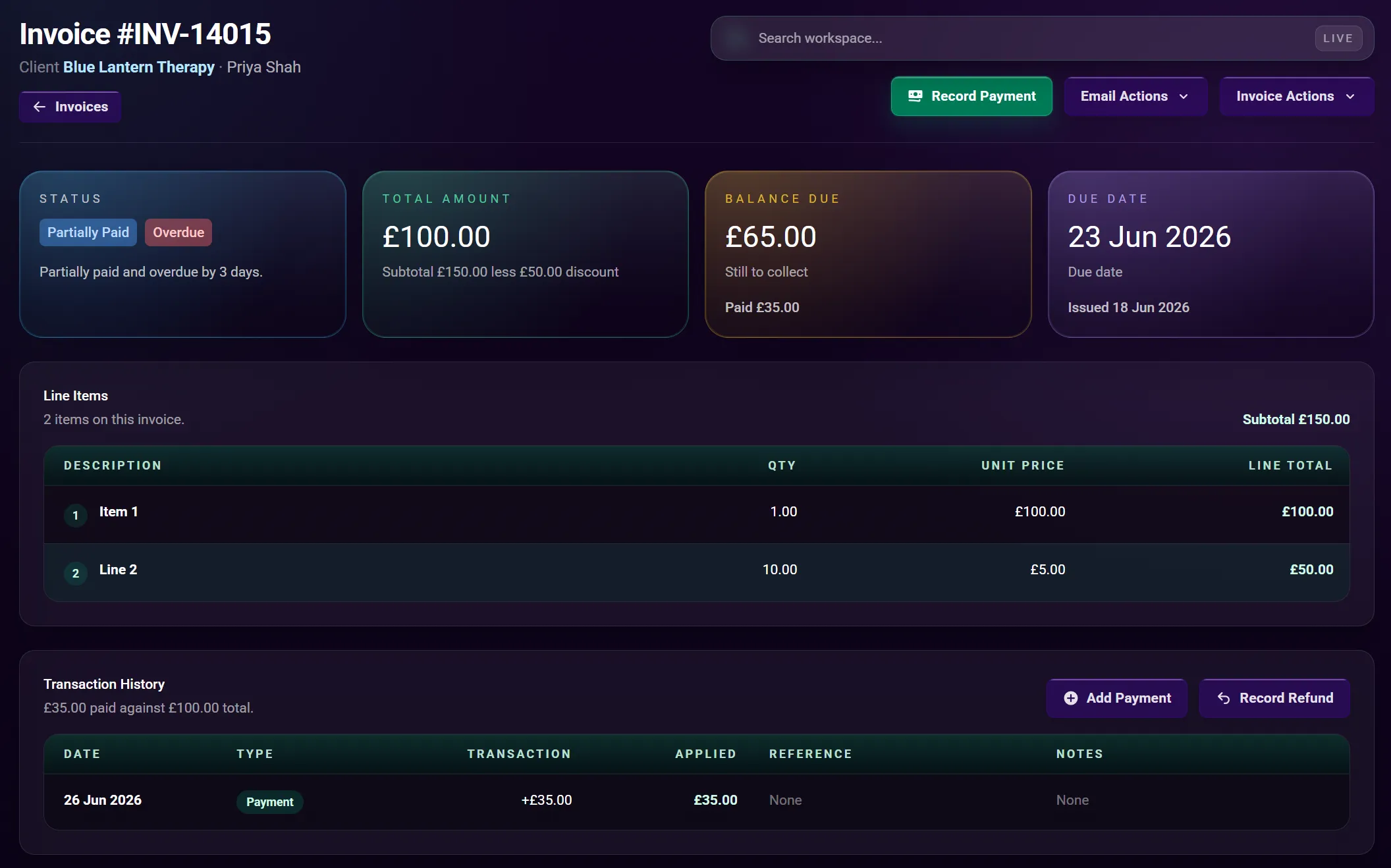Zinvoice invoice detail showing payment, overdue, and delivery statuses