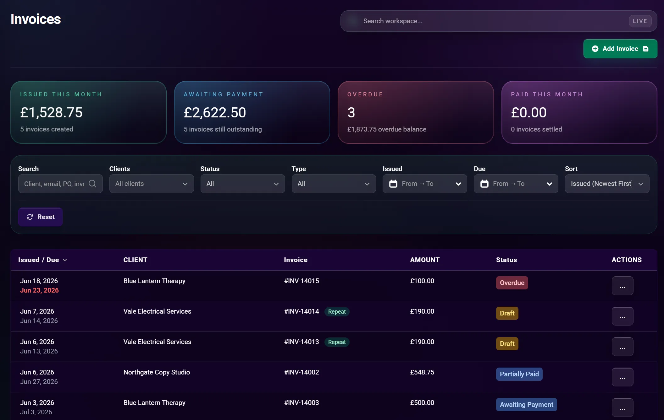 Zinvoice invoices list showing overdue invoices and payment statuses