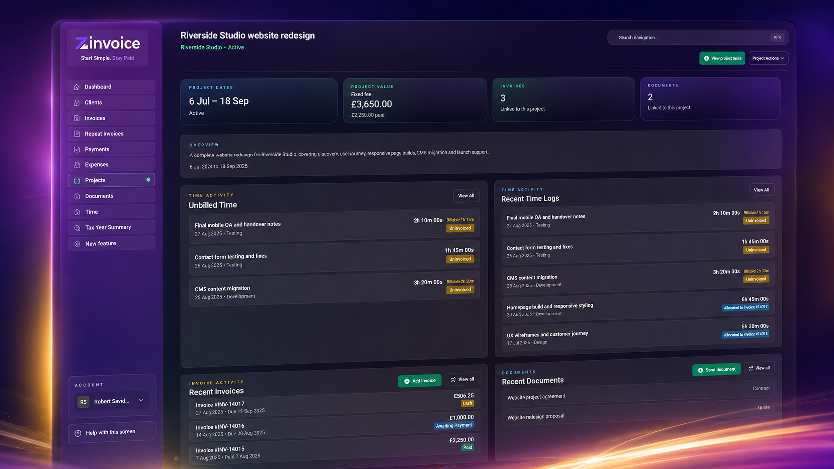 Zinvoice project workspace showing project details, time, invoices and client documents