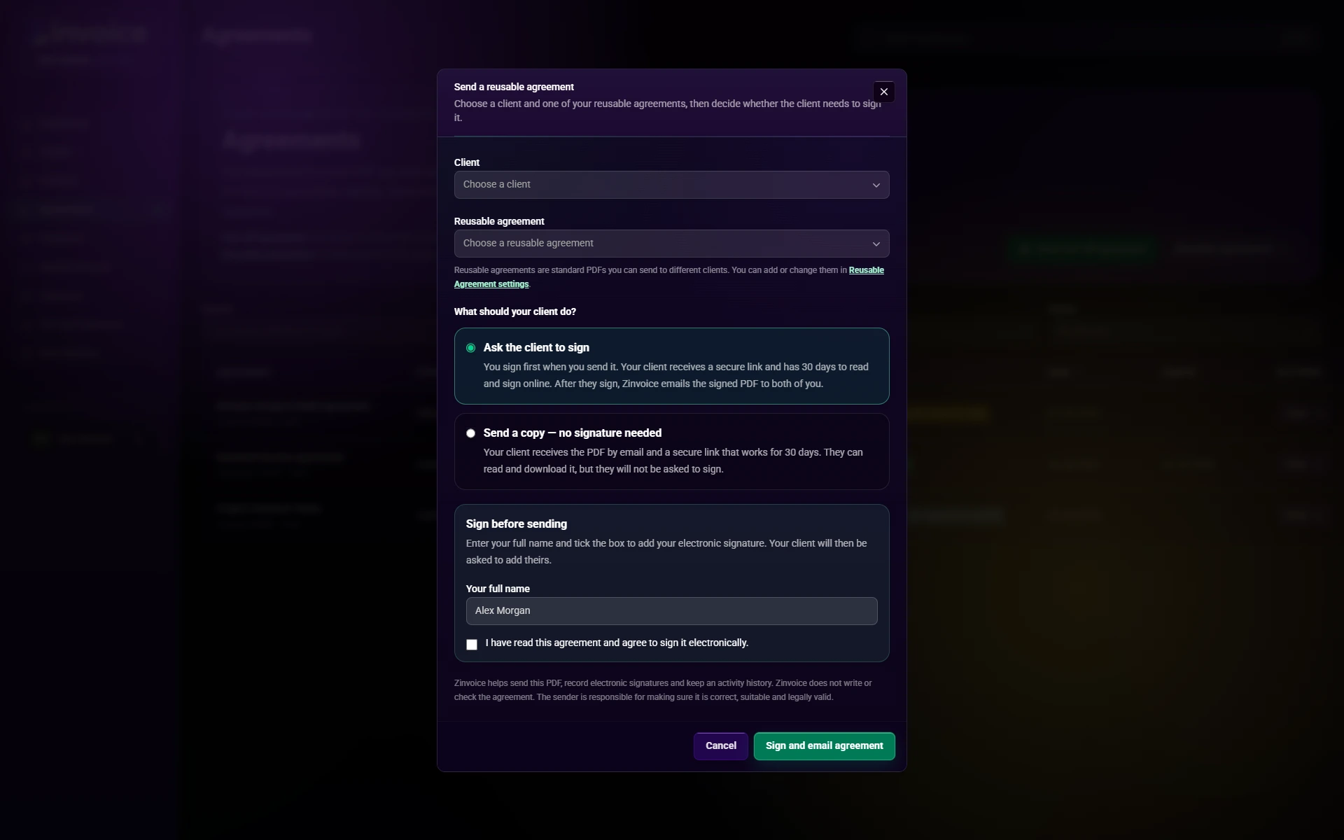 Zinvoice send agreement form choosing a client, saved agreement and signature requirement