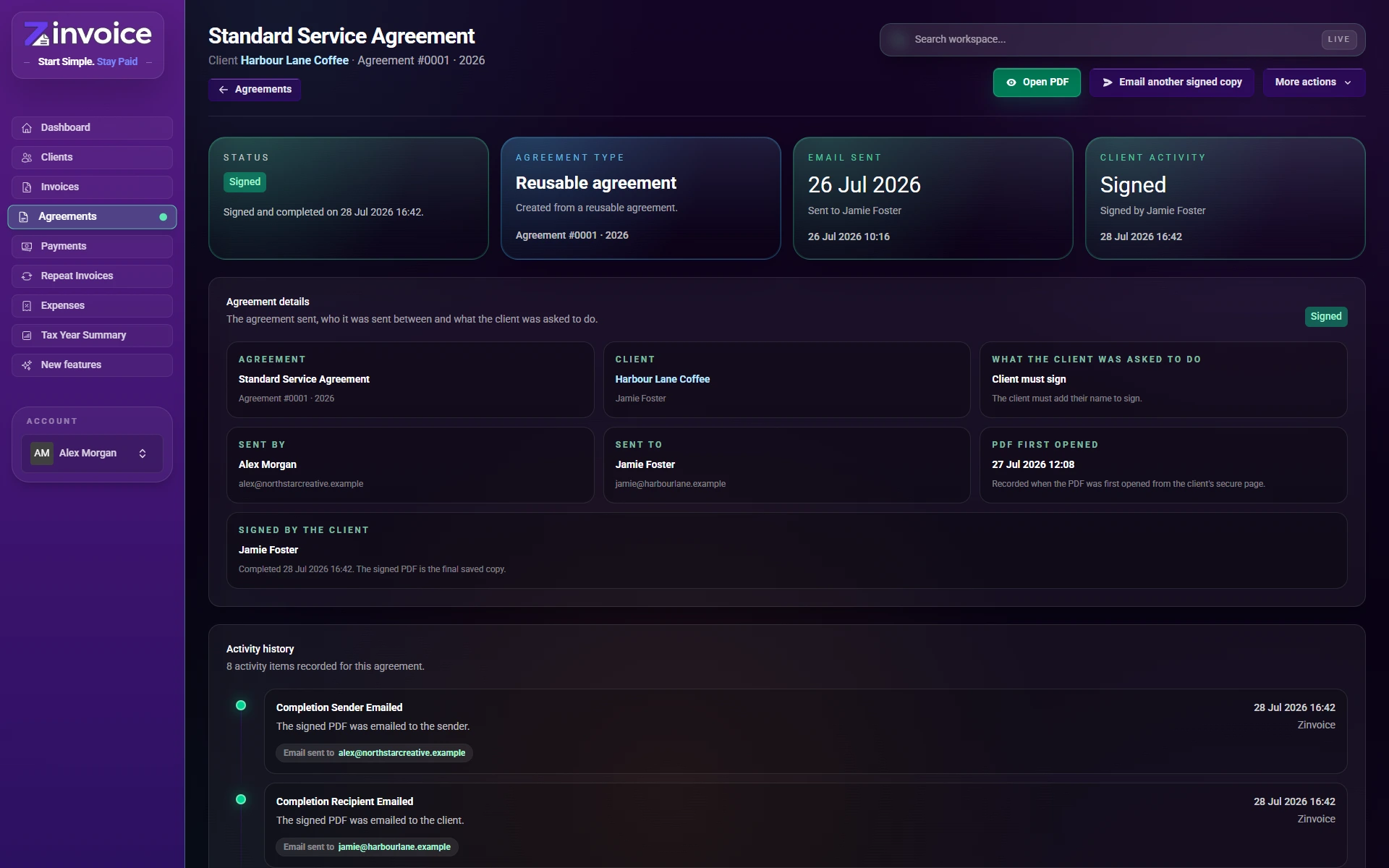 Zinvoice signed agreement detail showing status, participants and activity history
