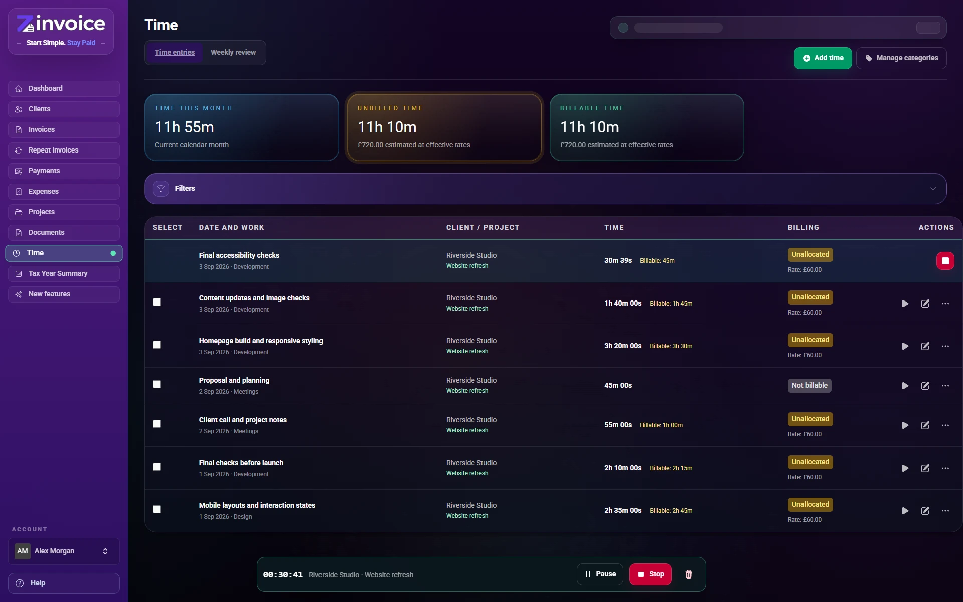 Zinvoice time list showing logged work, billable hours and a running timer